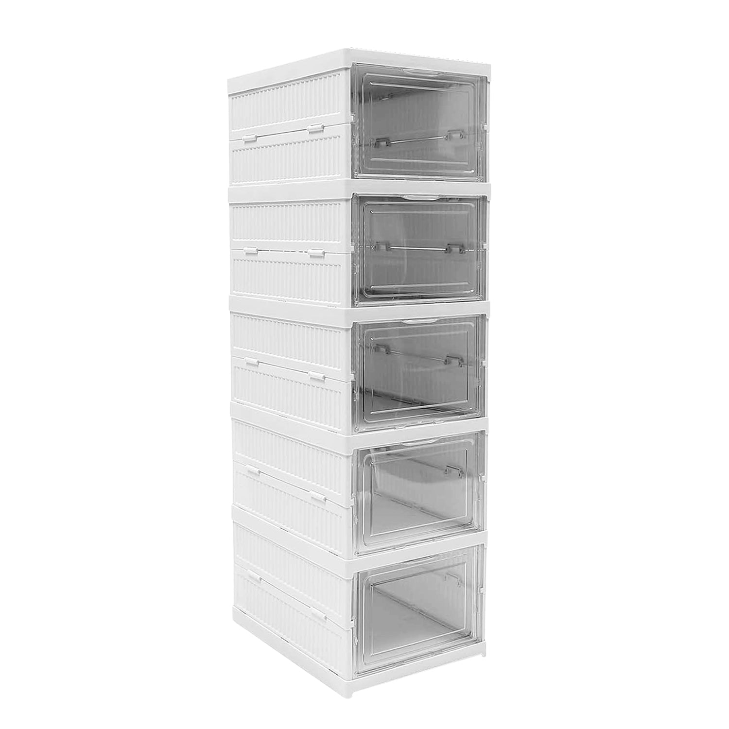 A white foldable storage rack neatly organizing toiletries in a modern bathroom.