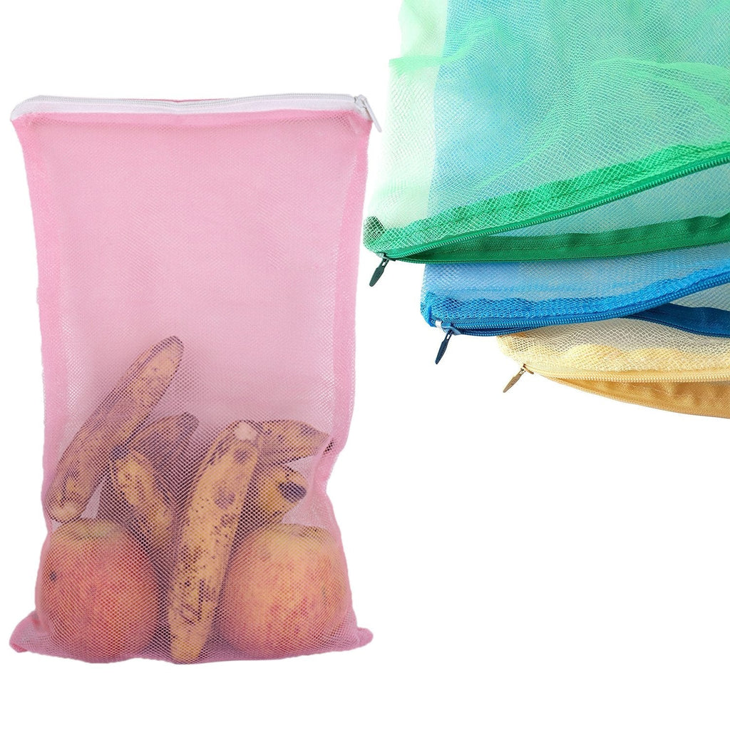Durable multicolour zip net bags neatly stacked for kitchen storage.