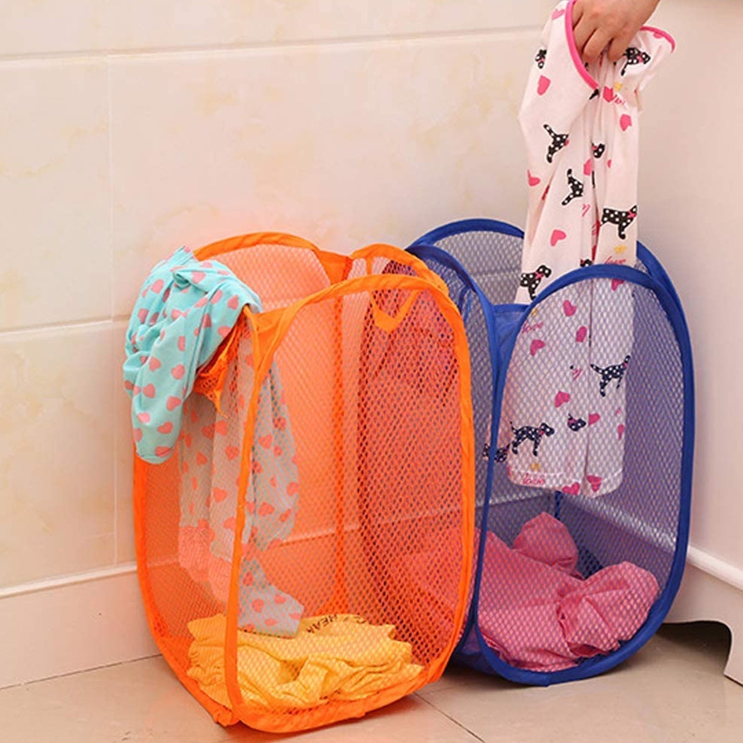 Space-saving foldable laundry basket with durable handles.