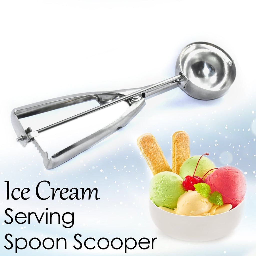 Hand holding the comfortable ergonomic handle of the ice cream serving scoop.