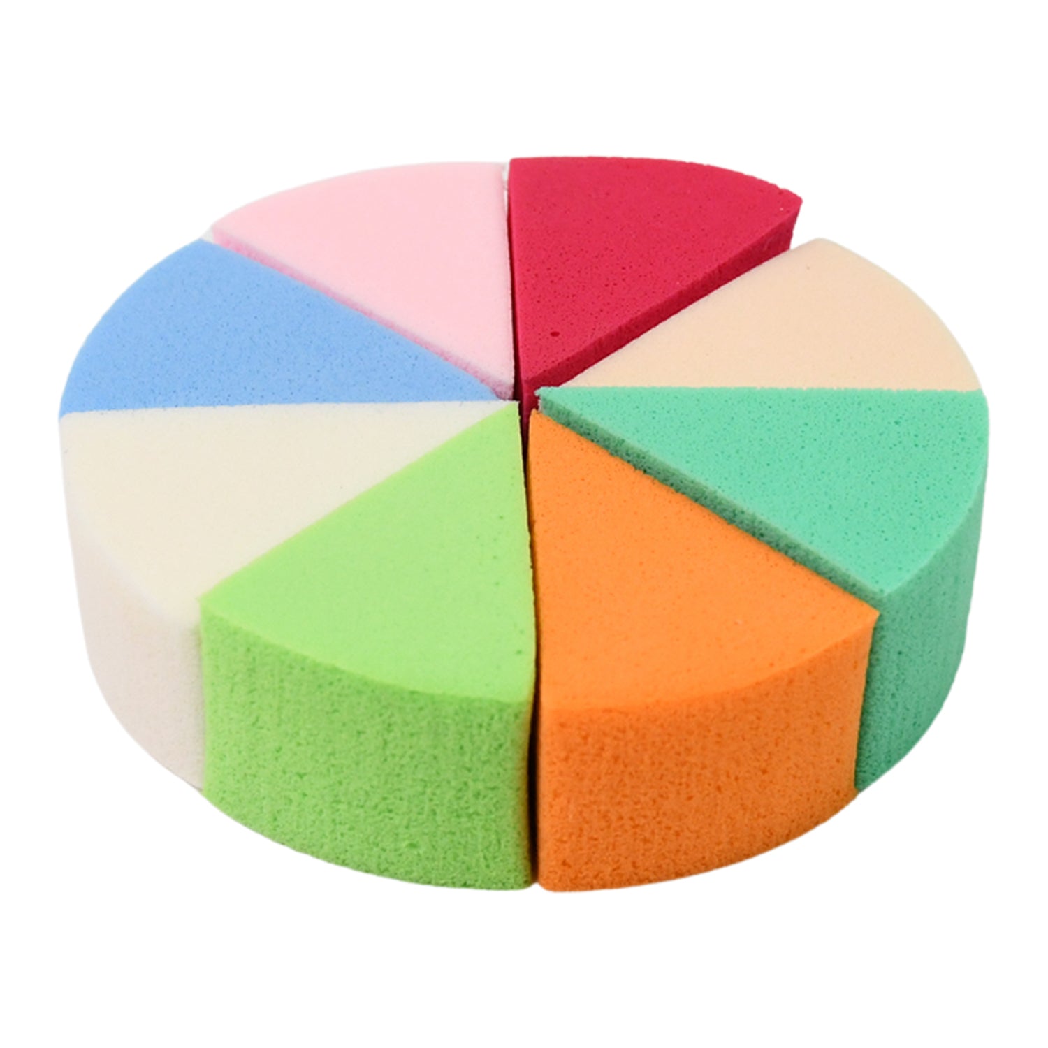 Various angled views of the colourful triangle makeup sponges, highlighting their unique shape.
