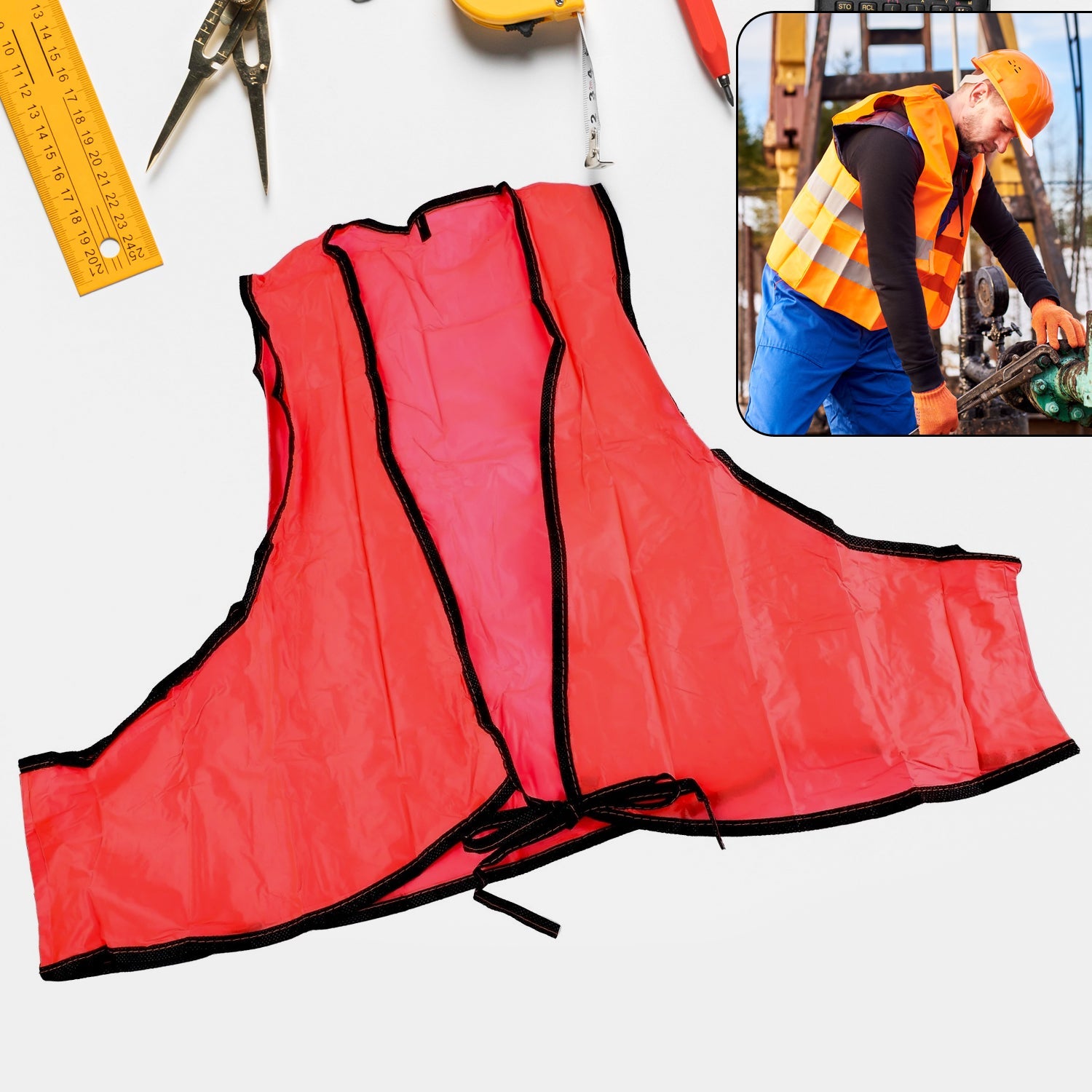 A bright fluorescent yellow high visibility safety vest with tie closures, folded neatly on a white background.
