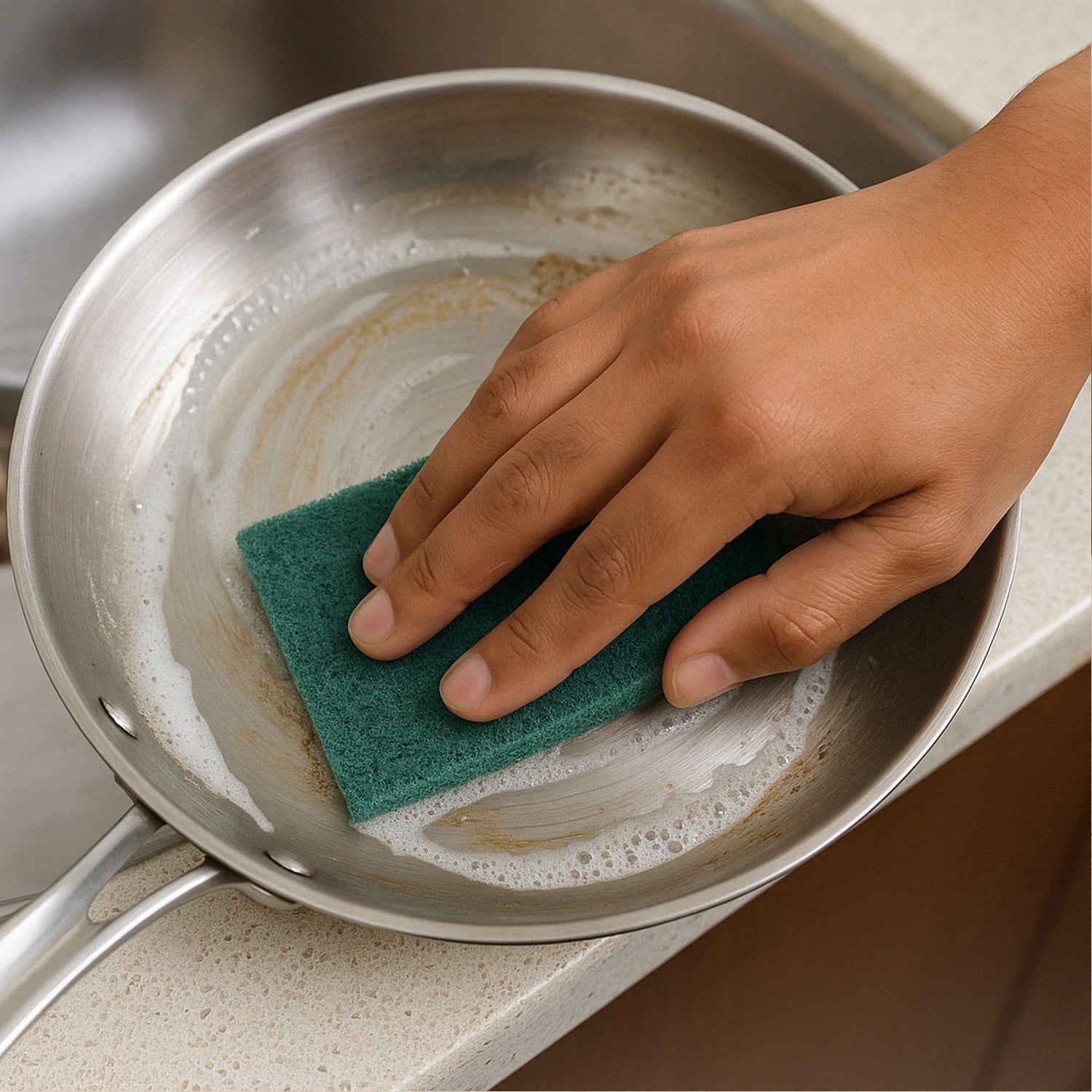 Close-up of synthetic fibers on kitchen scrubber pad