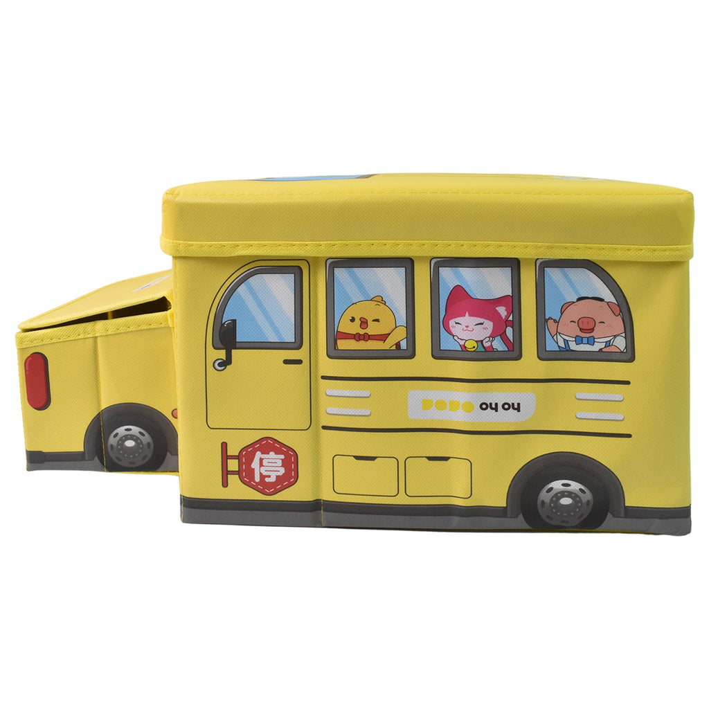 Close-up view of the detailed lid and durable vinyl material of the School Bus Toy Storage Box.