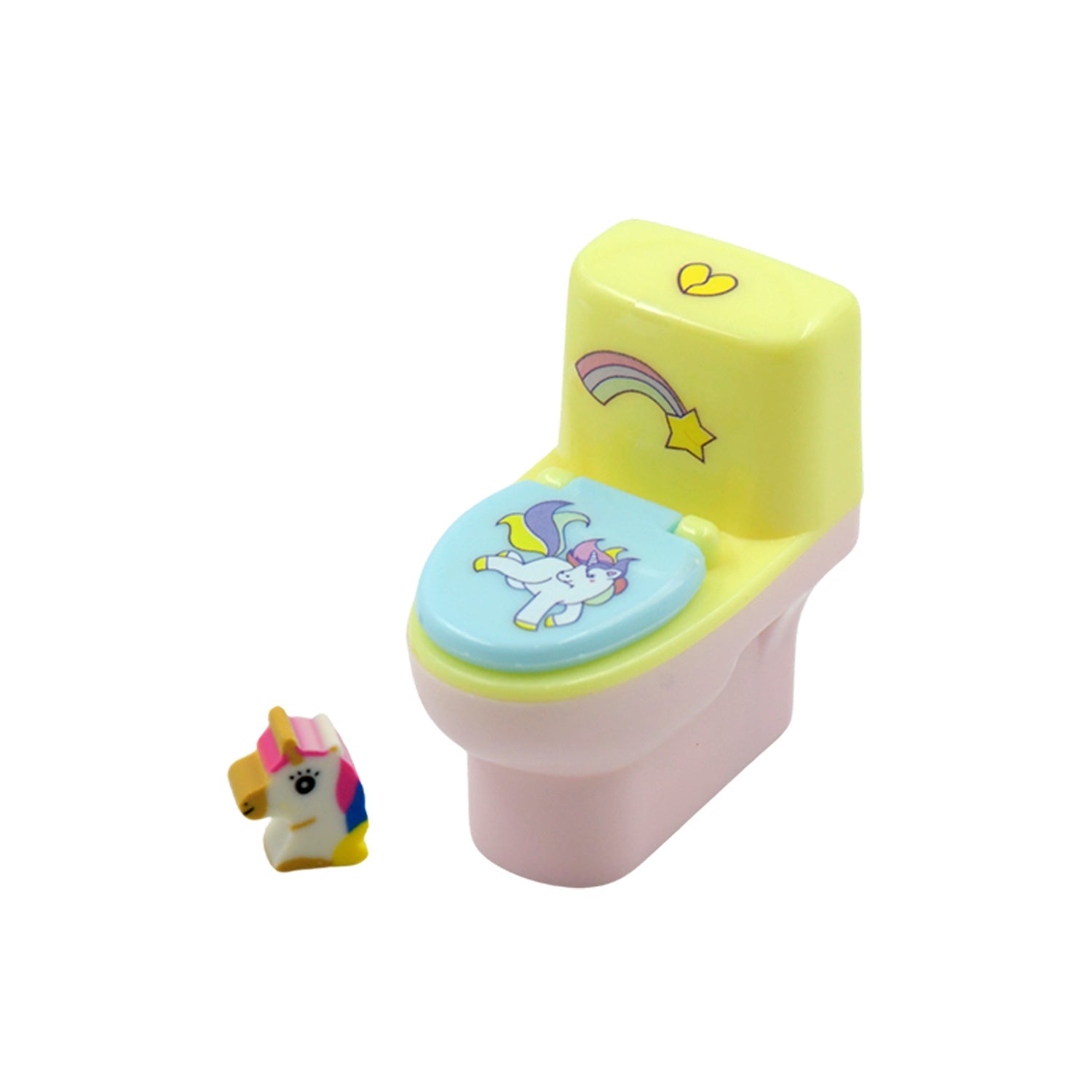 Multiple colourful toilet pencil sharpeners with erasers displayed together.
