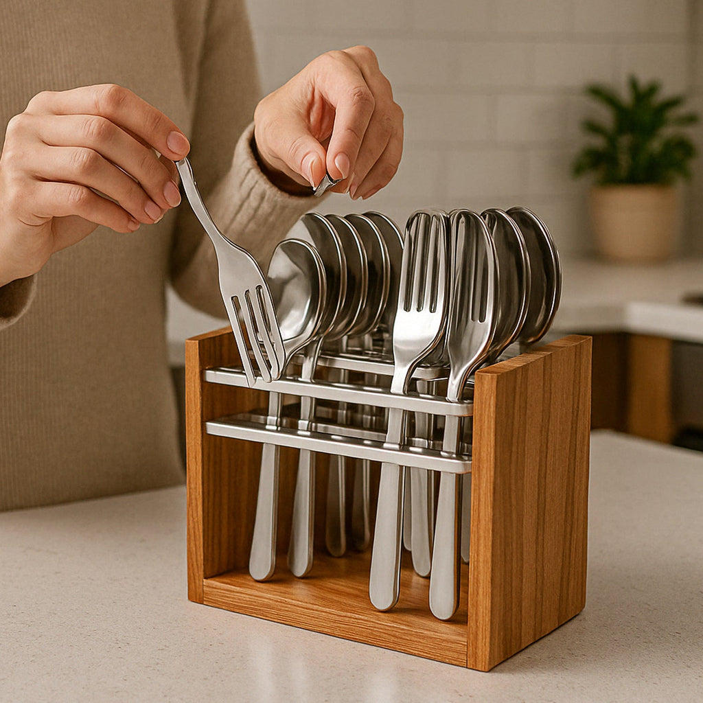 Detailed view of stainless steel cutlery set pieces
