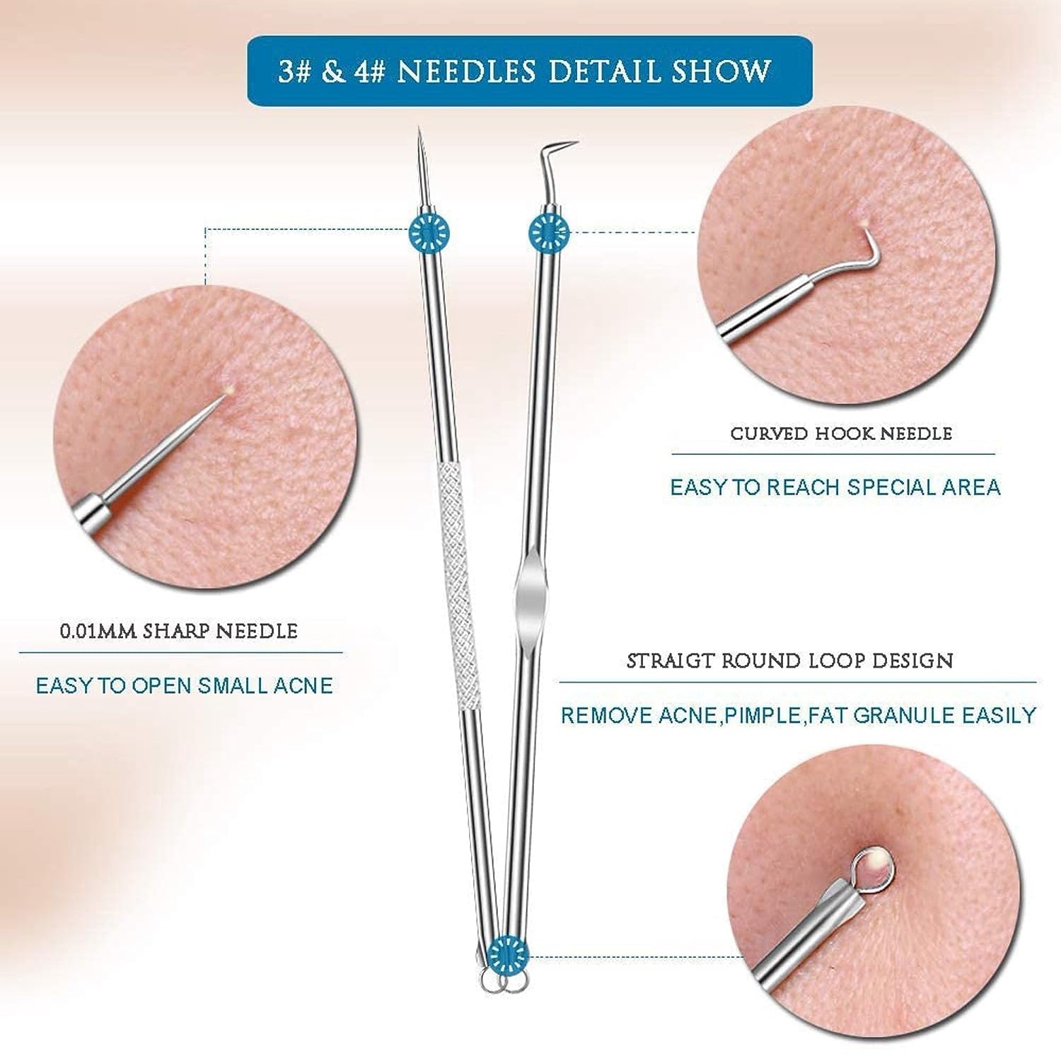 Durable stainless steel body of blackhead remover tool with electroplated needle tips