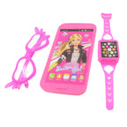 A detailed shot of the pink Barbie toy watch and stylish play glasses, part of the kids play set.