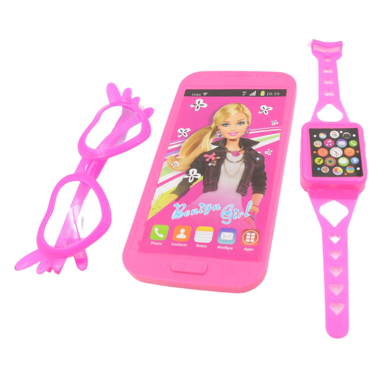 A detailed shot of the pink Barbie toy watch and stylish play glasses, part of the kids play set.