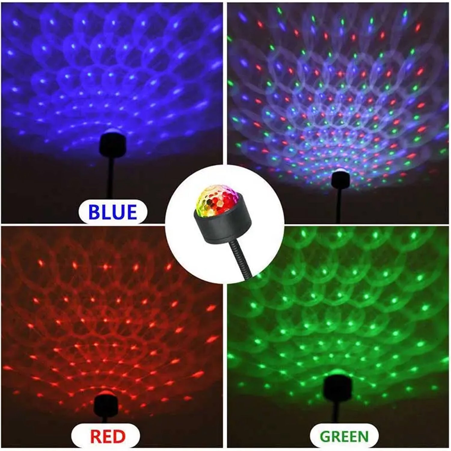 Car ceiling light with a flexible arm, displaying a vibrant disco effect.