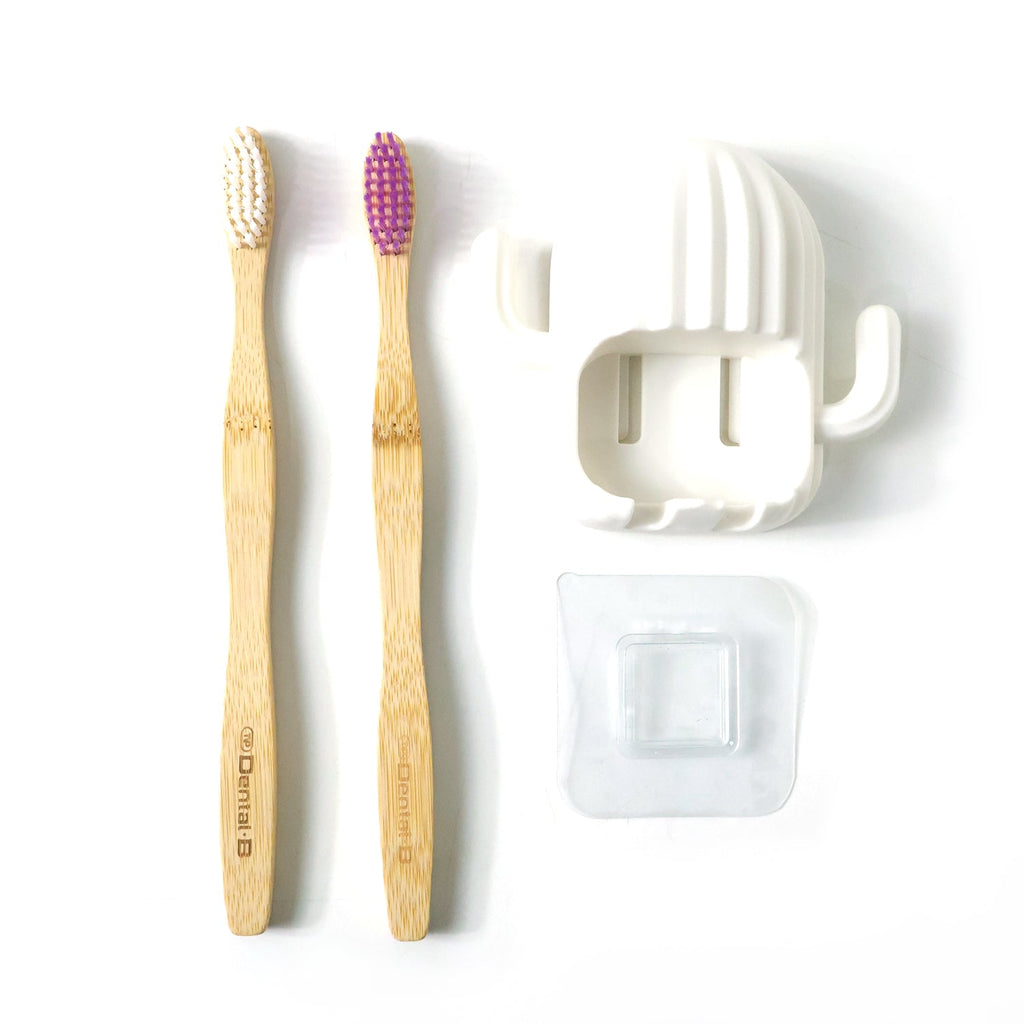 Bathroom organizer set with wall mounted toothbrush holder and bamboo brushes