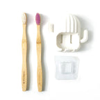 Bathroom organizer set with wall mounted toothbrush holder and bamboo brushes