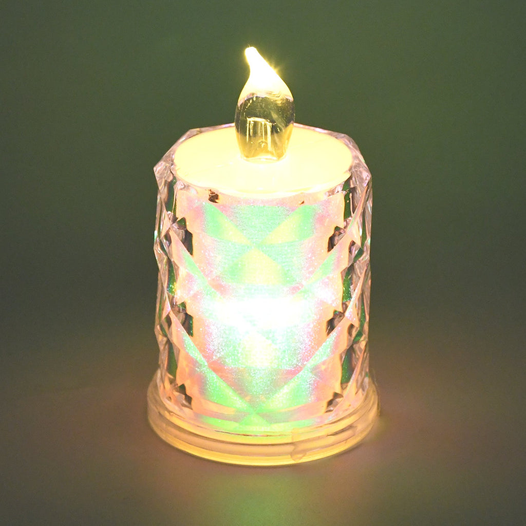 Warm yellow LED tealight candle flickering gently, perfect for festive decor.