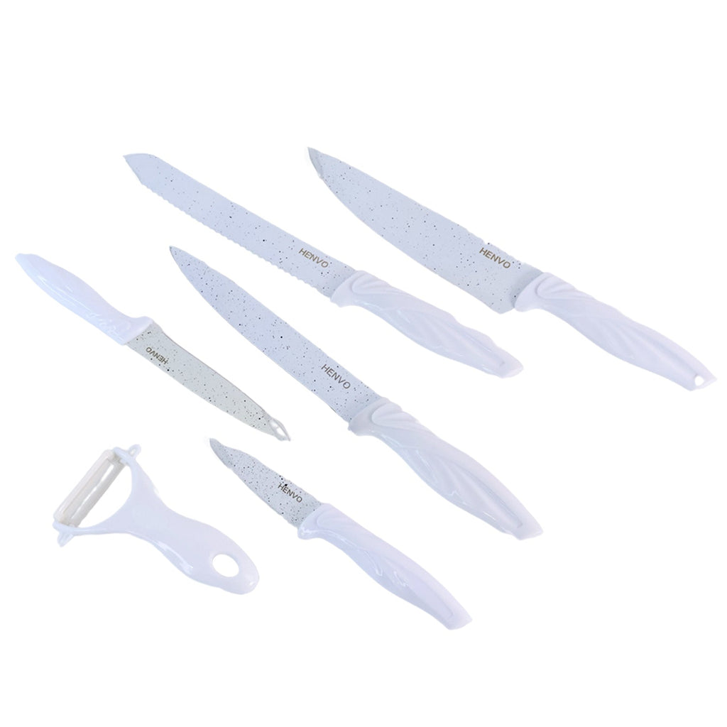 Marble look kitchen knife set with multi-use peeler included