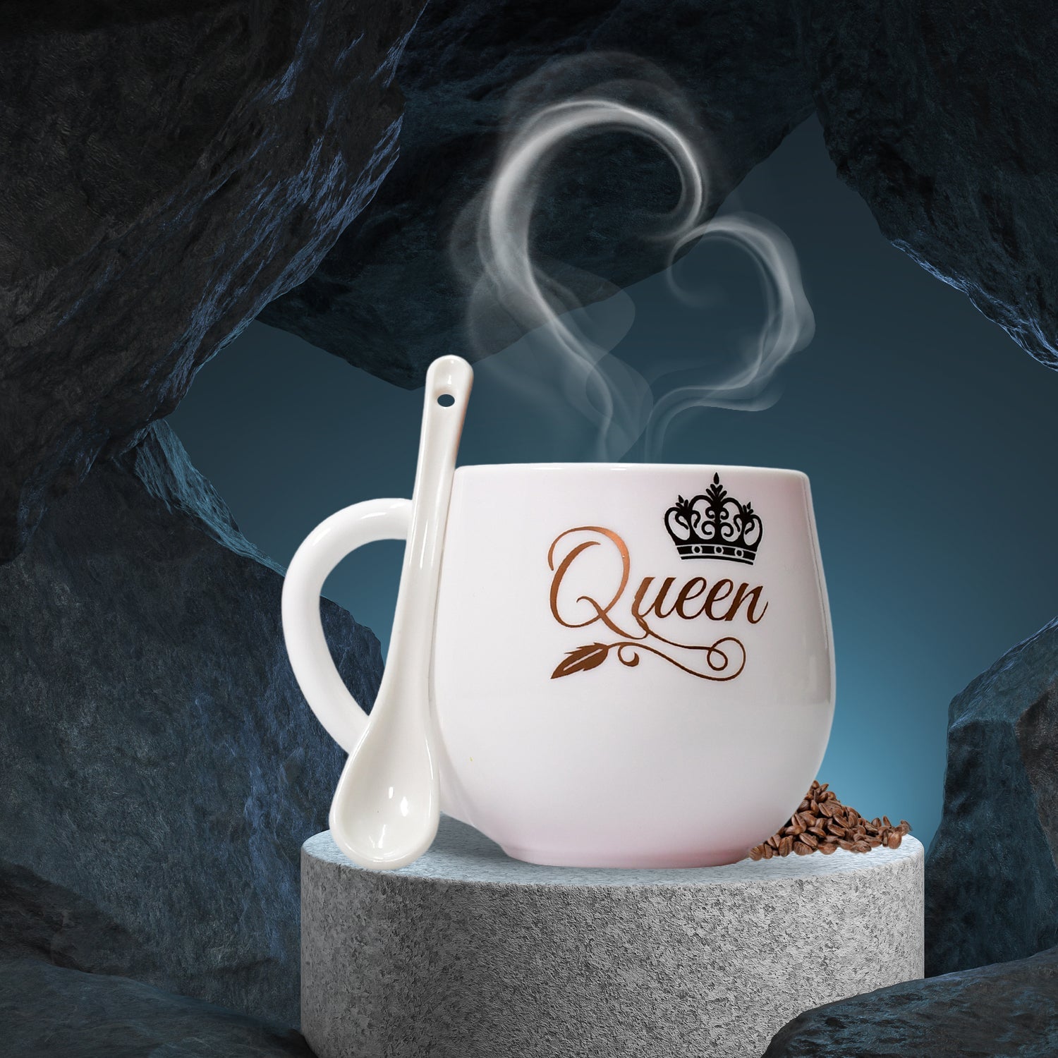 Elegant multi-design plastic mug with a comfortable handle and spoon.