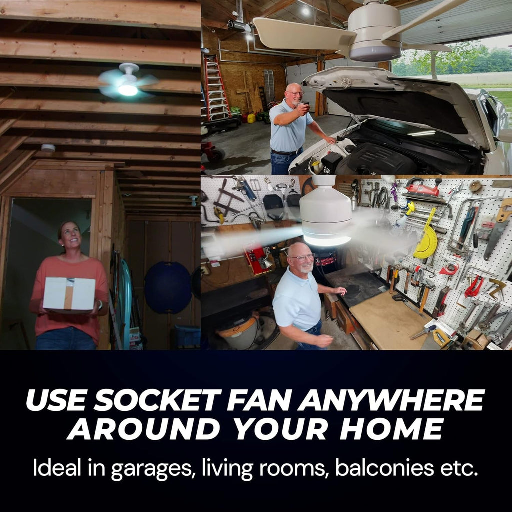 Close-up of fan blades and LED bulb in ceiling fan-light combo