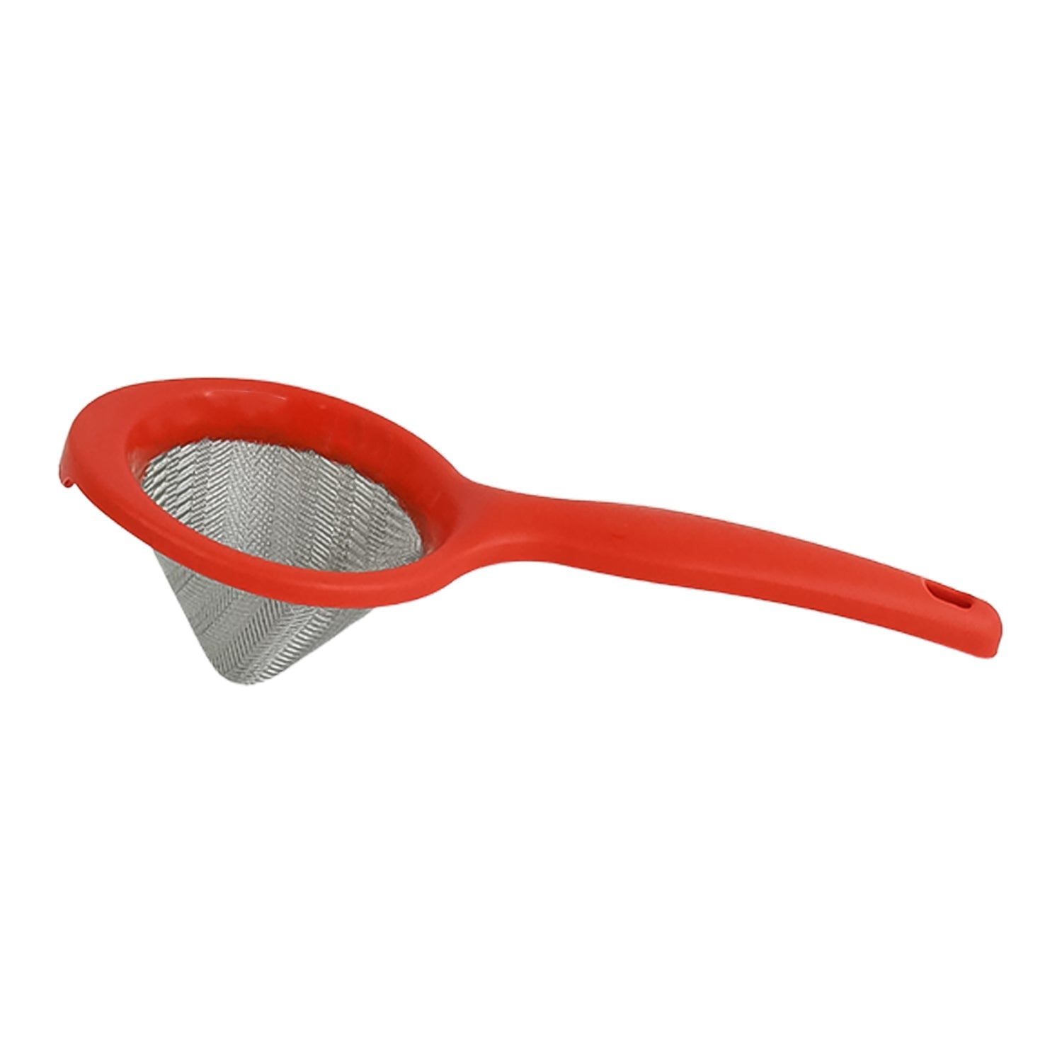Green tea strainer hanging from kitchen hook for easy storage