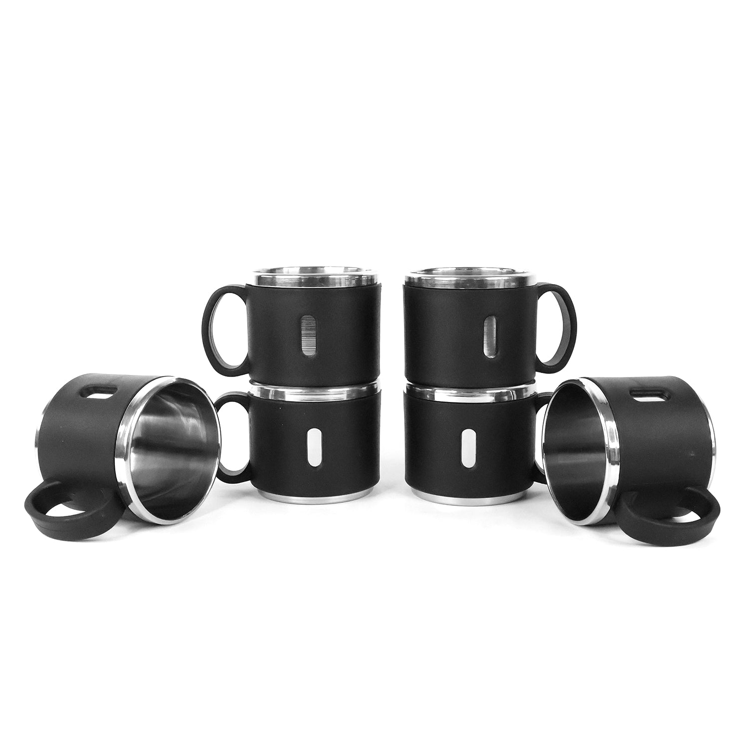 Double wall coffee mug set highlighting black matte exterior and polished steel rim