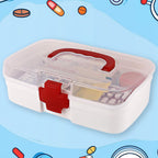 A hand demonstrating the compact and convenient size of the portable medicine storage box.
