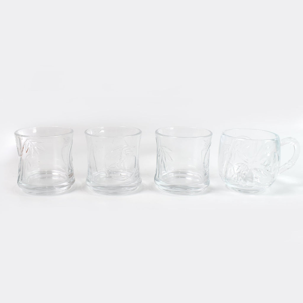 Stackable glass tumblers and mugs, part of a durable and practical drinkware collection.