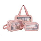Hand holding a portable cosmetic pouch, highlighting its convenient size for travel.