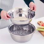 A hand using the julienne grater to slice carrots into fine strips for a healthy meal preparation.