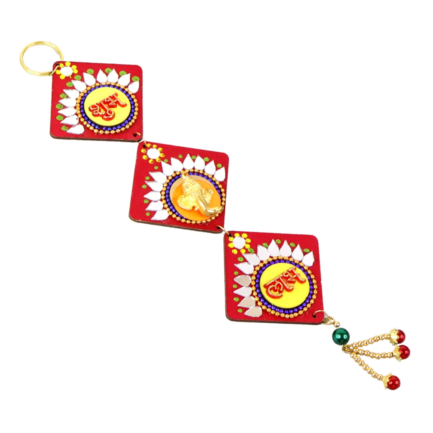 Close-up of handcrafted Labh Shubh door hanging with golden finishing