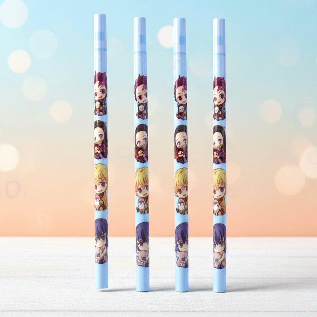 Row of cartoon printed pencils arranged neatly for children's use