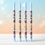Row of cartoon printed pencils arranged neatly for children's use