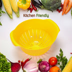 Various uses of the plastic washing bowl, including washing pasta and leafy greens.