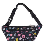 Floral belt bag showing multiple compartments zippered securely