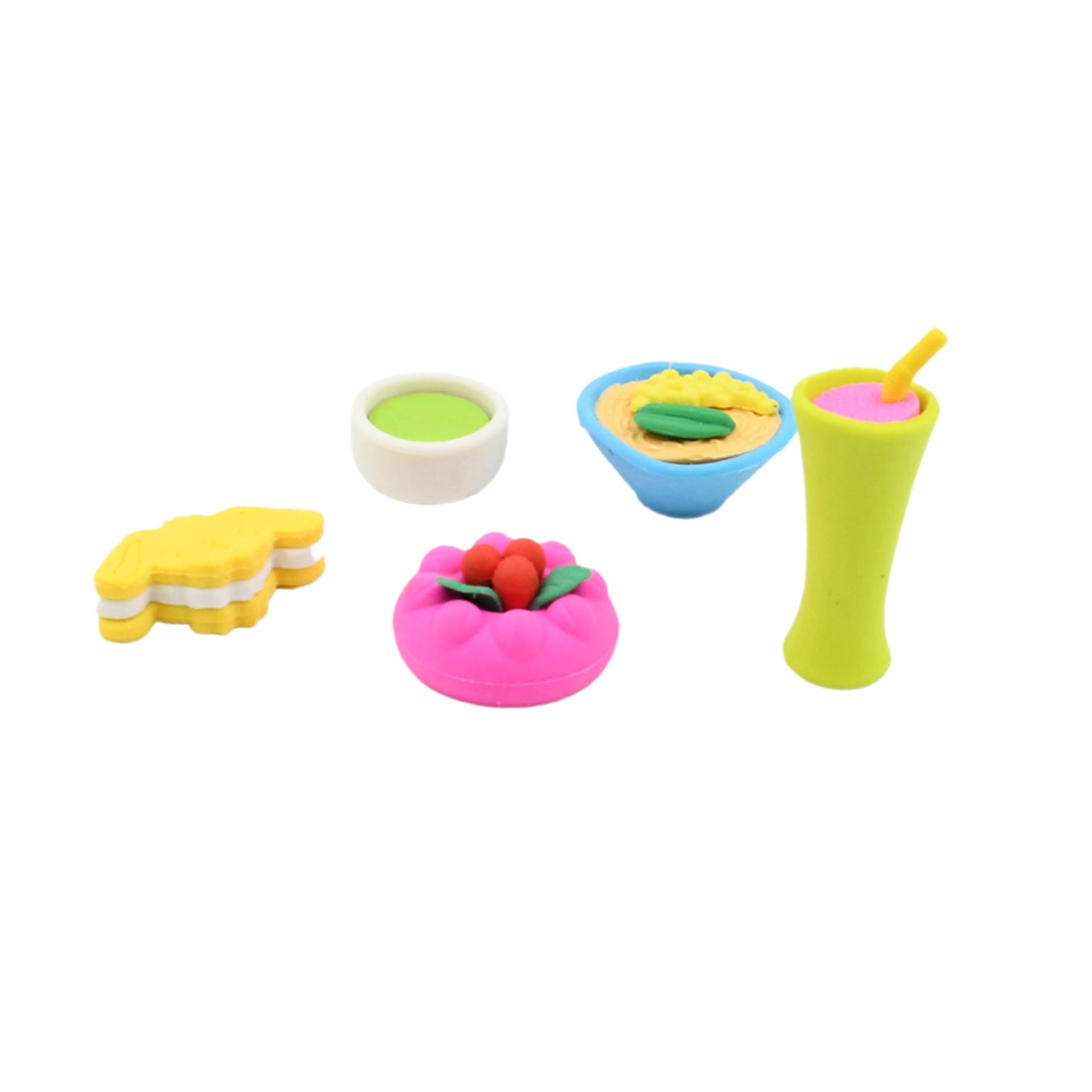 A flat lay image displaying multiple fancy erasers alongside other school stationery items, ready for use.