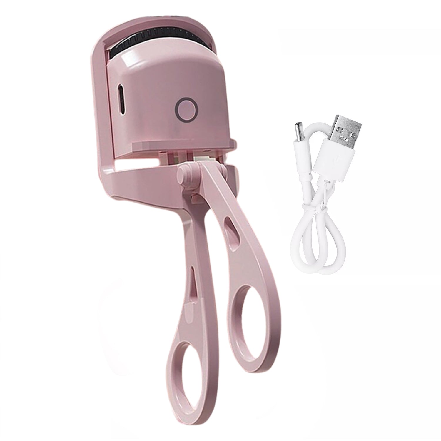 Woman using the handheld Electric Heated Eyelash Curler for perfect lashes.