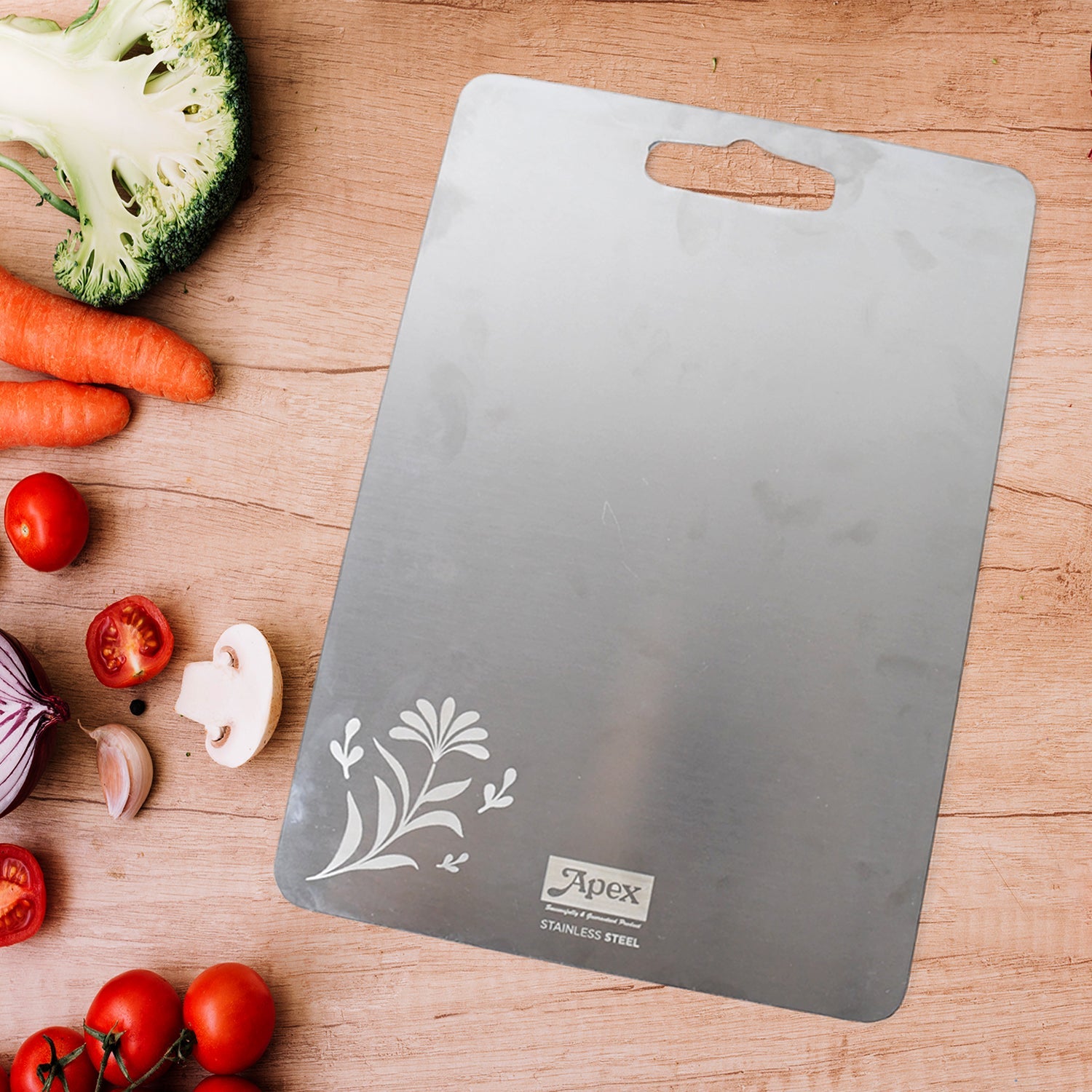 Apex germ-shield stainless steel medium cutting board with hanging hole