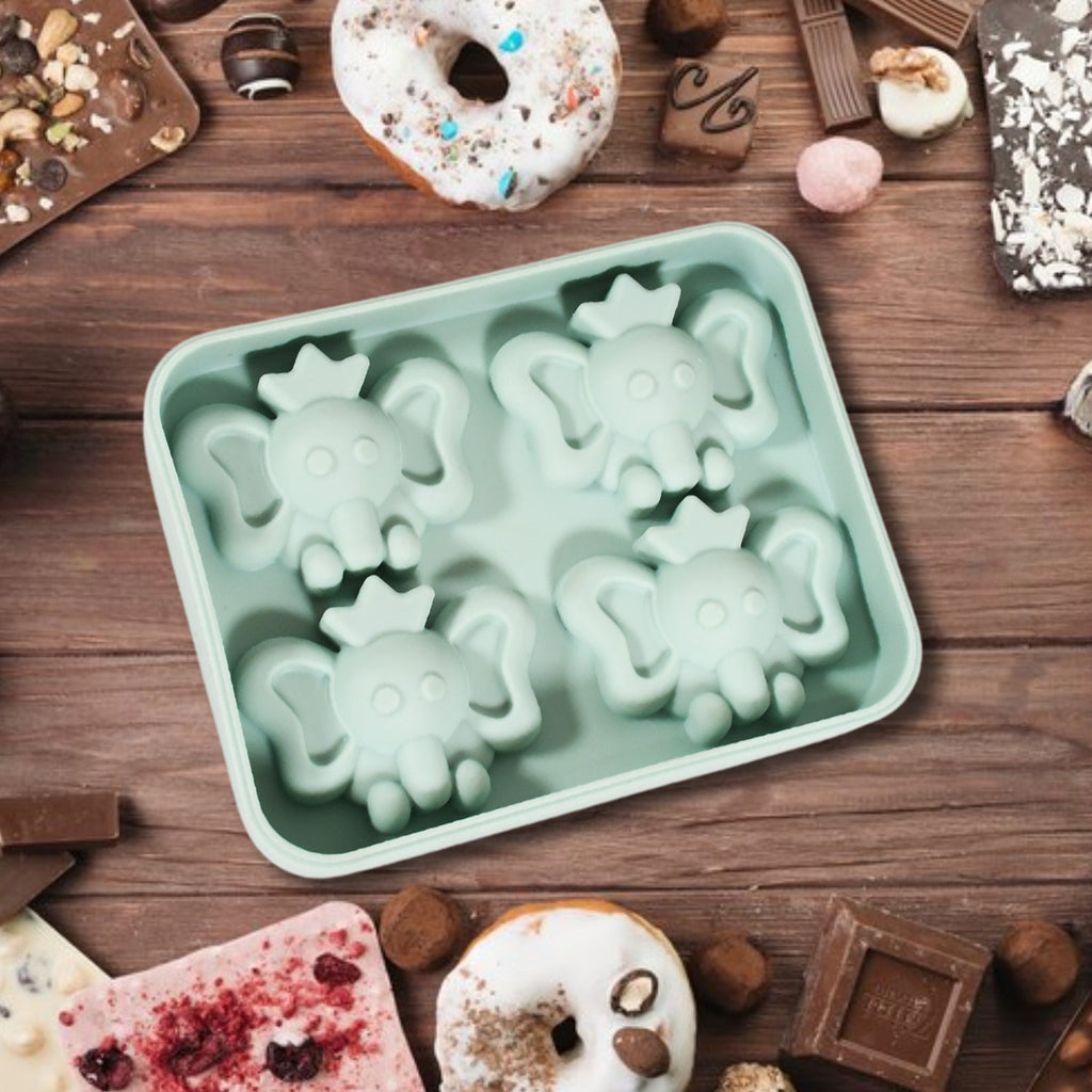 Multiple cartoon silicone ice cube trays stacked, highlighting their compact storage.