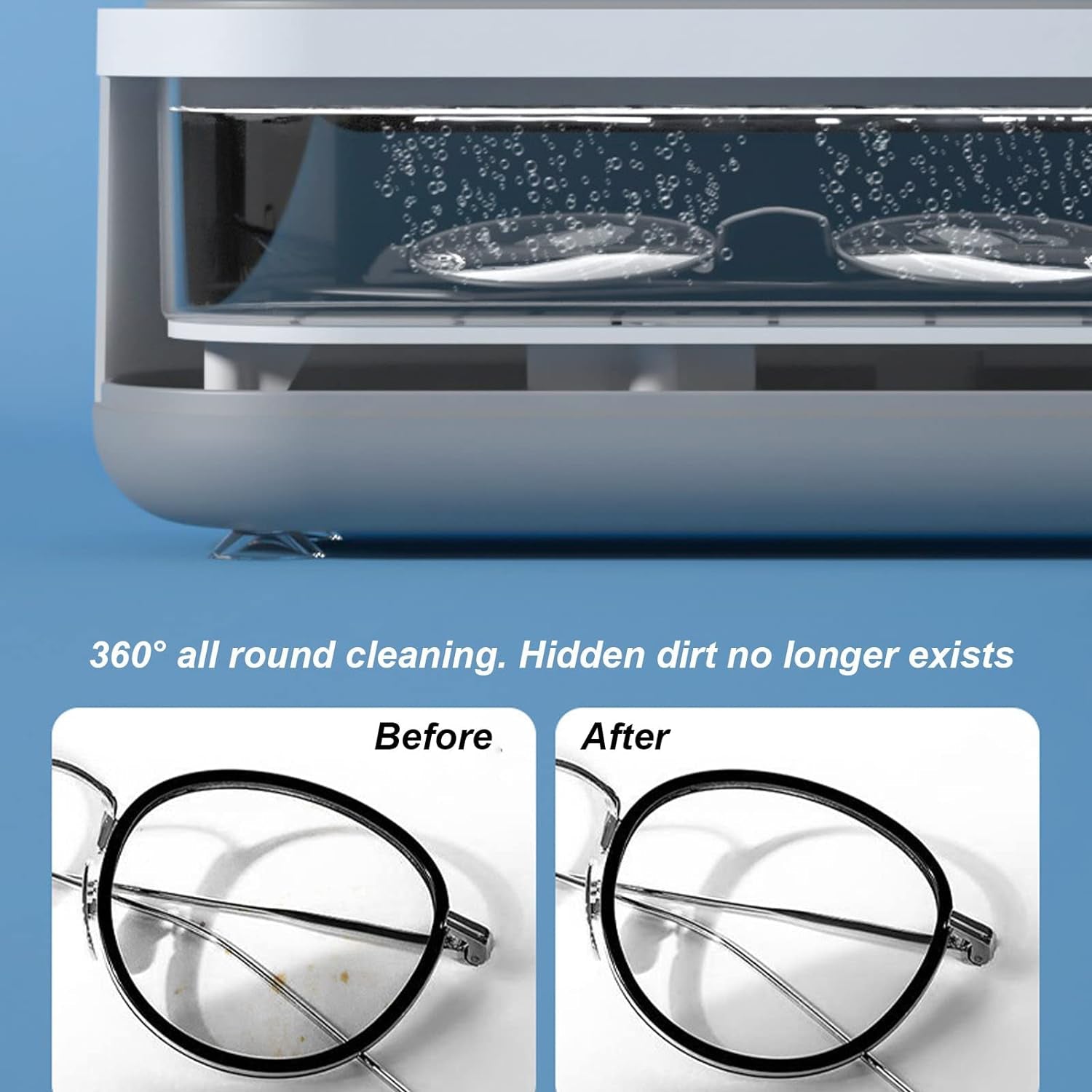 Ultrasonic cleaning machine showing before and after results on cleaned items.