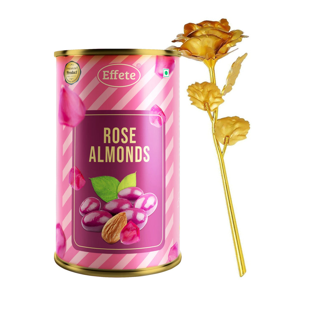 Rose almonds treat box paired with artificial golden rose