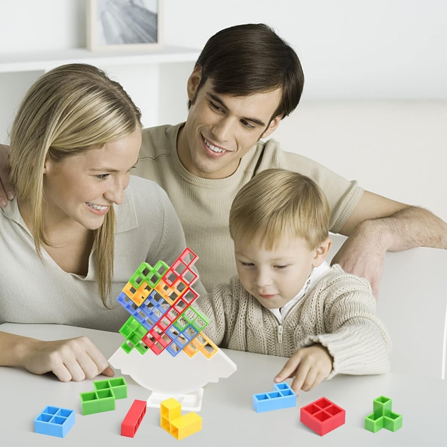 Colourful Tower Balance Game 16-piece set displayed, ready for engaging play.