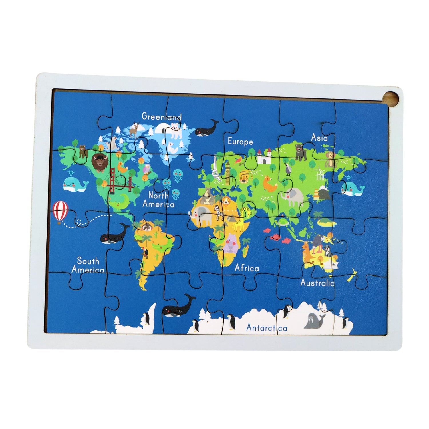 Close-up view of vibrant wooden puzzle pieces with country illustrations.