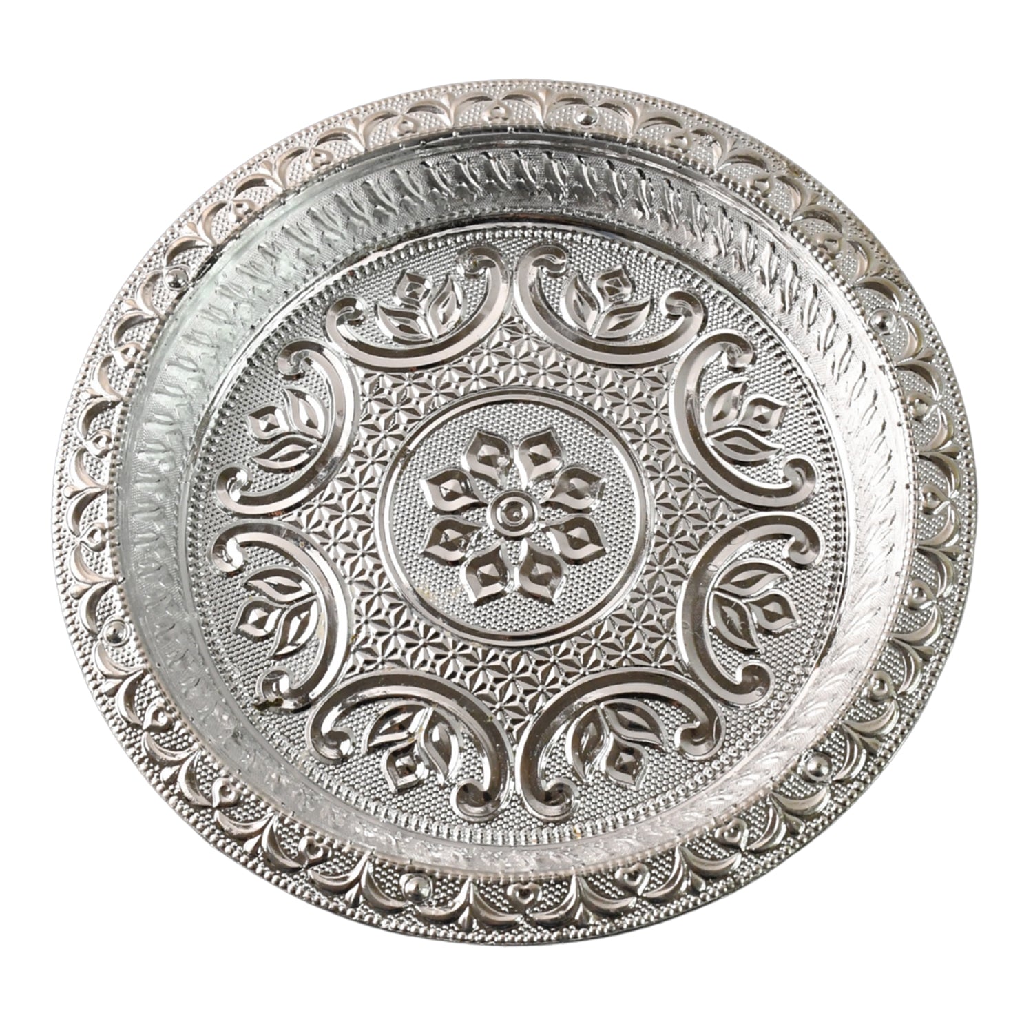 Ornamental silver finished plastic pooja thali plate for devotional use