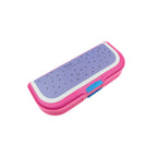 Brightly colored cartoon pencil case with two compartments, ideal for school children.