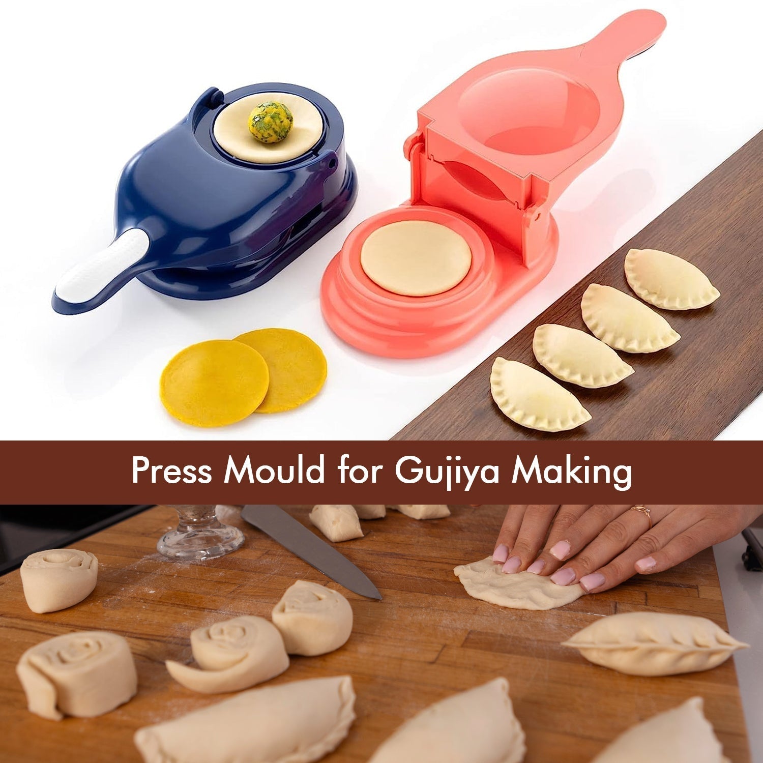 Making traditional Indian Ghughra (Gujiya) with the convenient press.