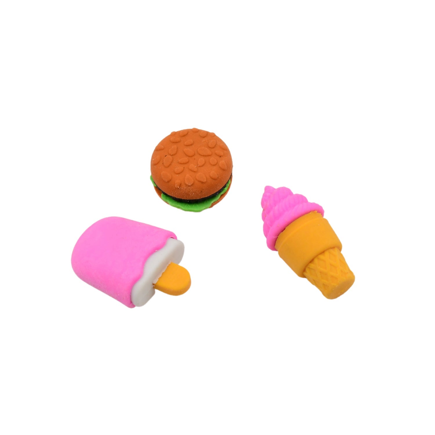 Cute food-shaped fancy erasers, adding a playful touch to kids' stationery collection.