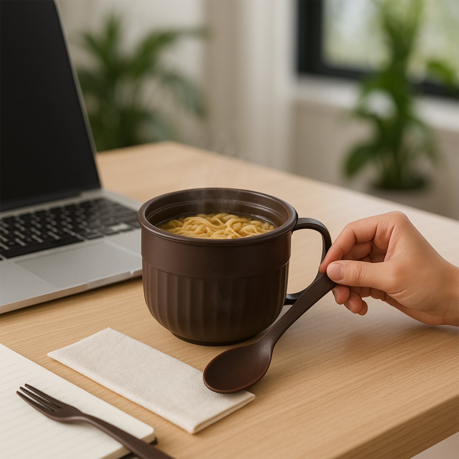 Insulated lunch bowl 650ml with ergonomic handle and detachable spoon and fork.