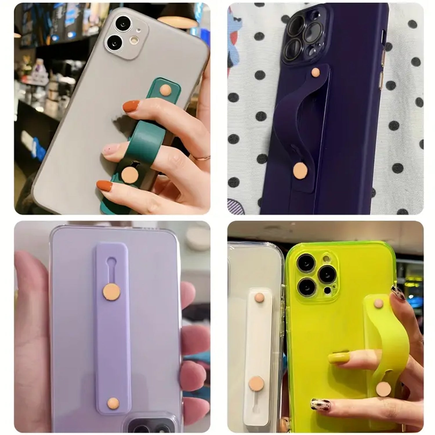 Assortment of vibrant silicone phone finger holders in various colours, showcasing style options.