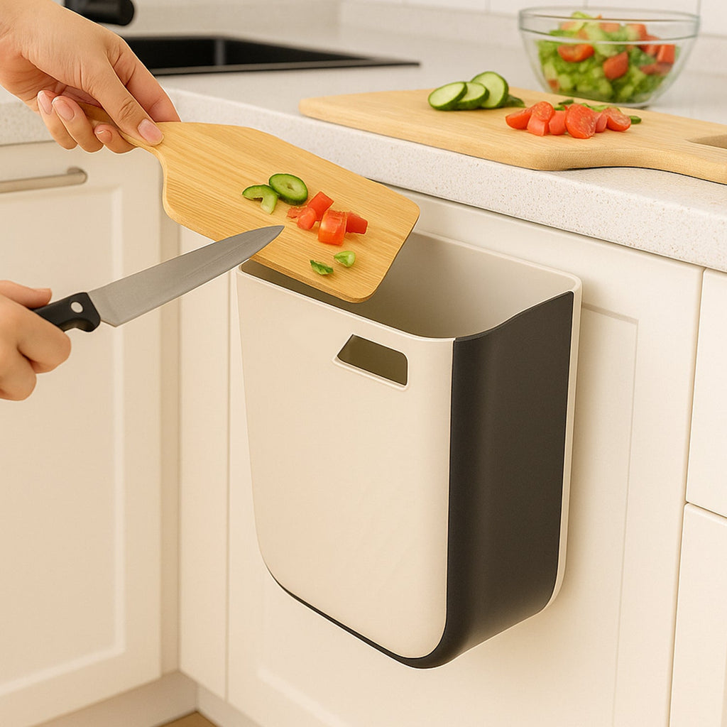Detailed view of the fastening ring and hanging mechanism of the collapsible dustbin.