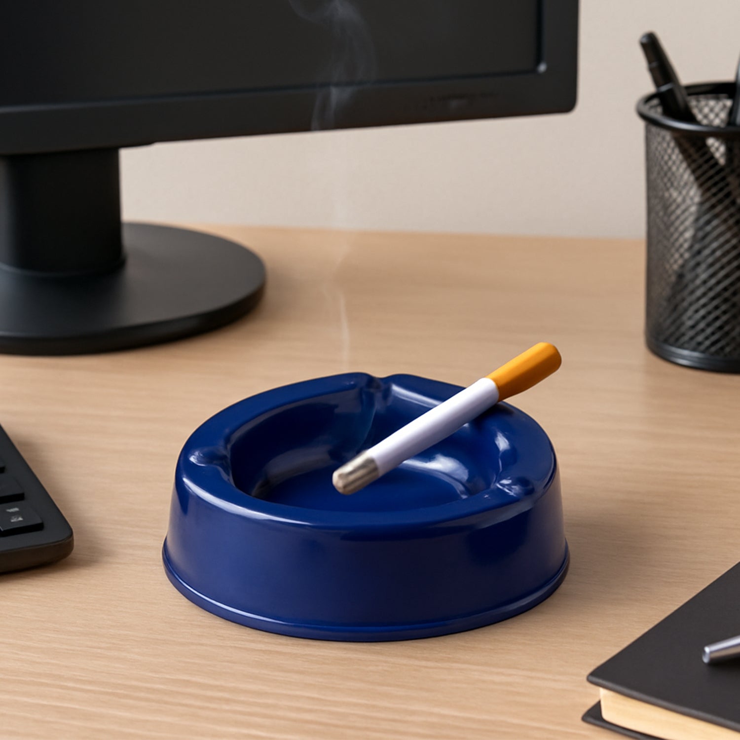 Dark blue plastic ashtray with wide bowl and 3 cigarette slots