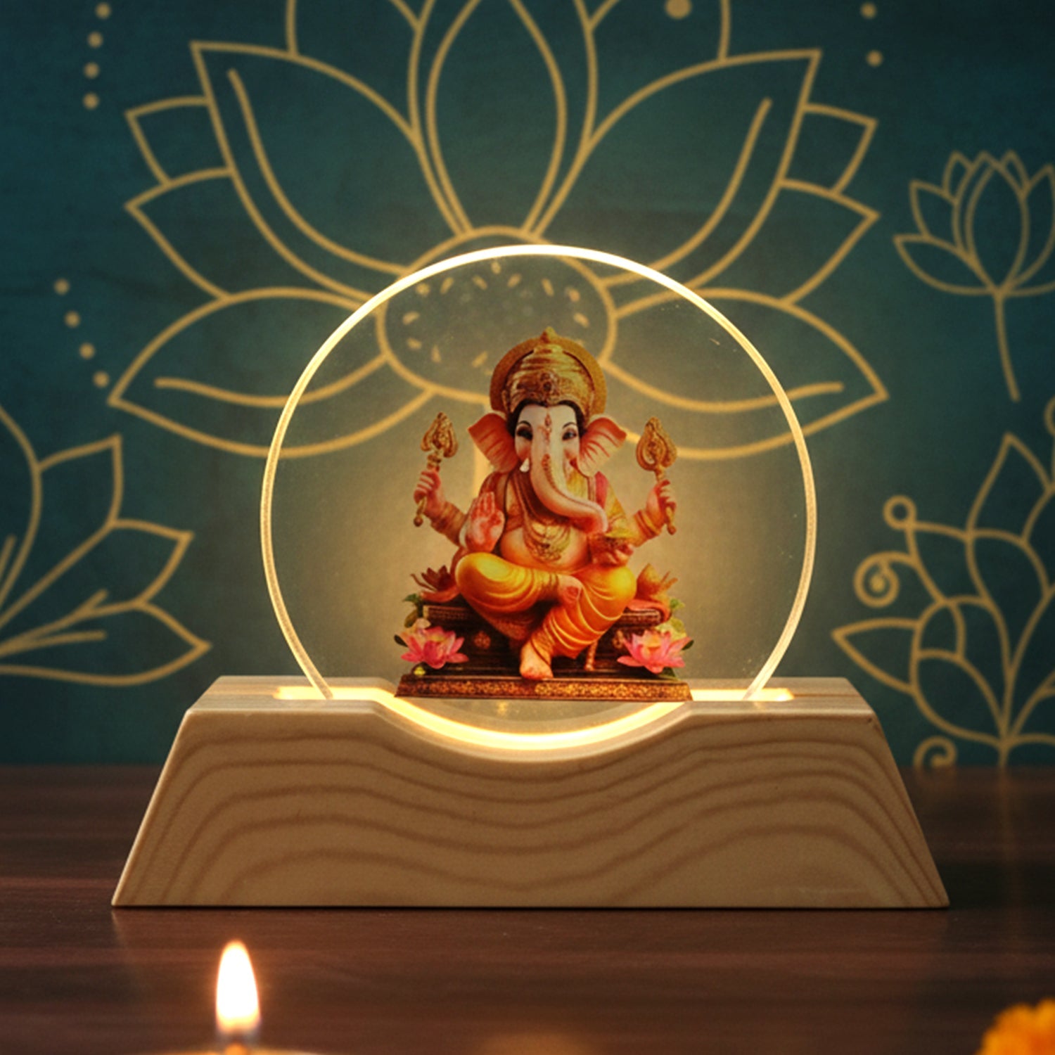 Wooden base and acrylic plate of 3D Lord Ganesha LED night lamp