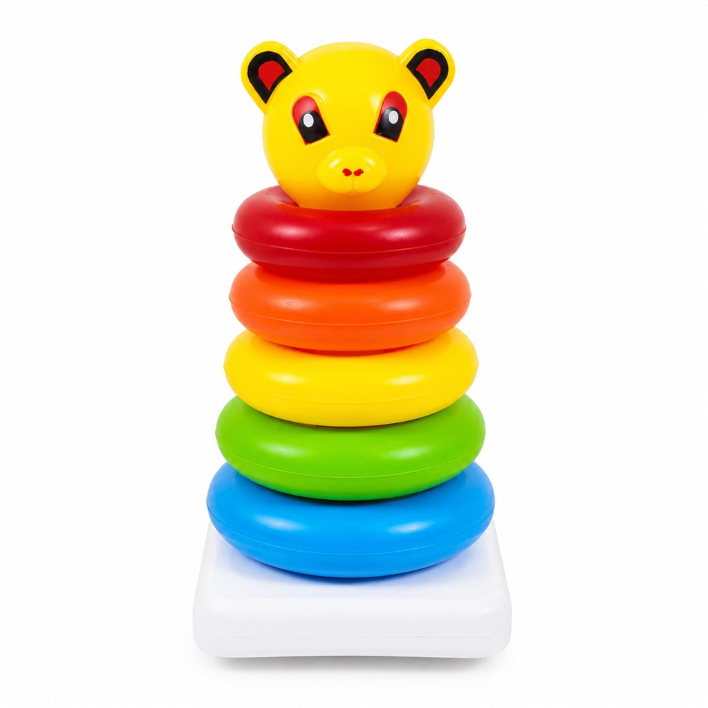 Close-up of the smooth, colourful jumbo stacking rings, safe for little hands.
