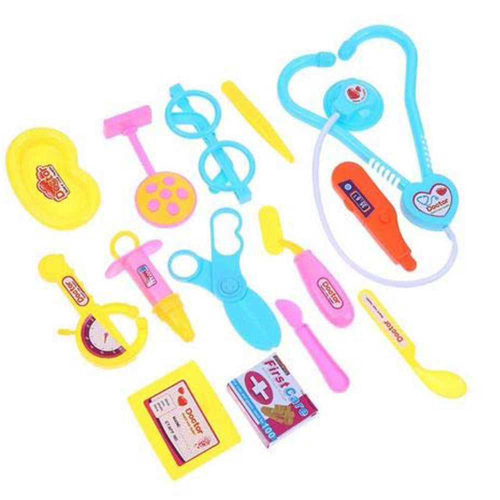 Doctor game kit for kids in multicolours, displayed open.